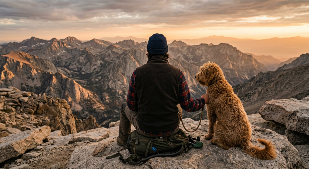 Man and dog take in the view of the  Rockies from a mountain top.