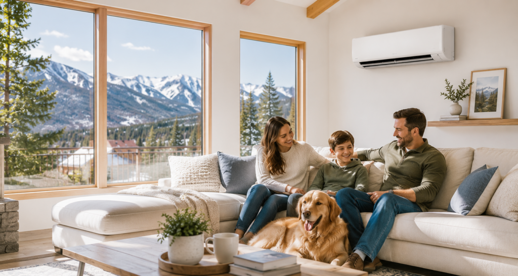 Family enjoys downtime with their dog in comfort provided by a mini split in their Colorado moutain home.