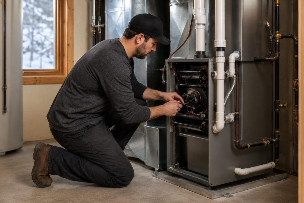 An AAH technician installs a new gas furnace in a mech room in a Colorado mountain home.