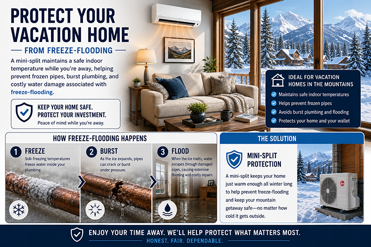 A mini-split from All American Heating can help prevent freeze-flooding in your Colorado vacation home when you are not there