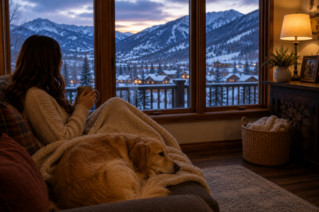 Woman enjoys a cup of cocoa while snuggling with her dog on a cold Colorado evening