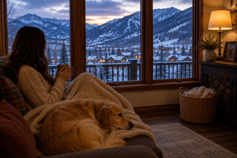 Woman enjoys a cup of cocoa while snuggling with her dog on a cold Colorado evening