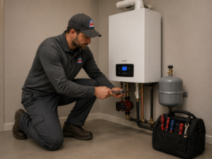 All American Heating technician installing a residential hydronic boiler in a home mechanical room.