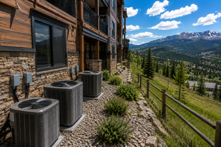 Air Conditioning Units outside a Colorado home Multiple outdoor air conditioning units installed at a Colorado mountain condo complex.