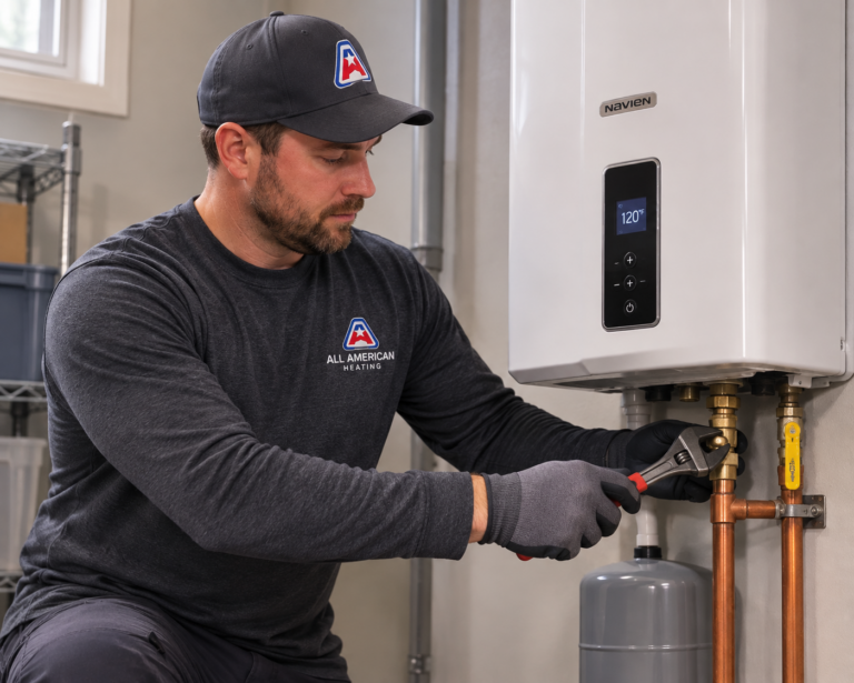 All American Heating technician installing a hydronic heating boiler in a home's mechanical room.
