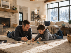 Father and son playing a board game in a warm home during a snowy Colorado winter.