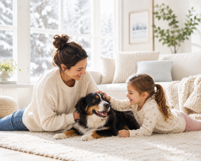 Mother and daughter relaxing with their dog in a warm home during a snowy Colorado winter.