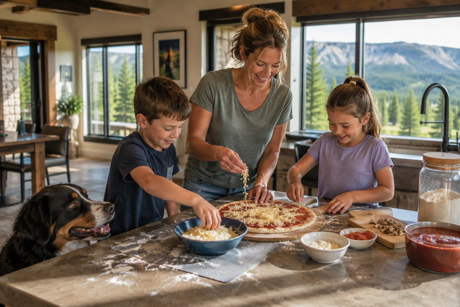Family plays with puppy in comfortable, air-conditioned home. Family making pizza together in a cool Colorado mountain home on a warm summer day.