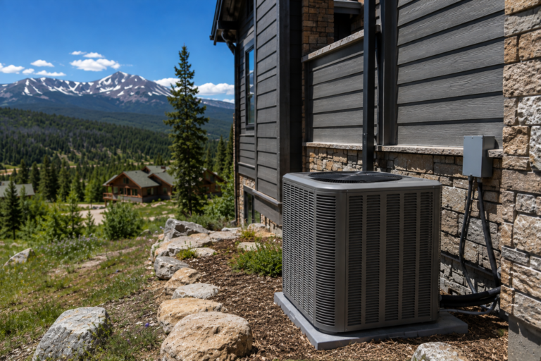 Outdoor air conditioning condenser installed beside a Colorado mountain home.