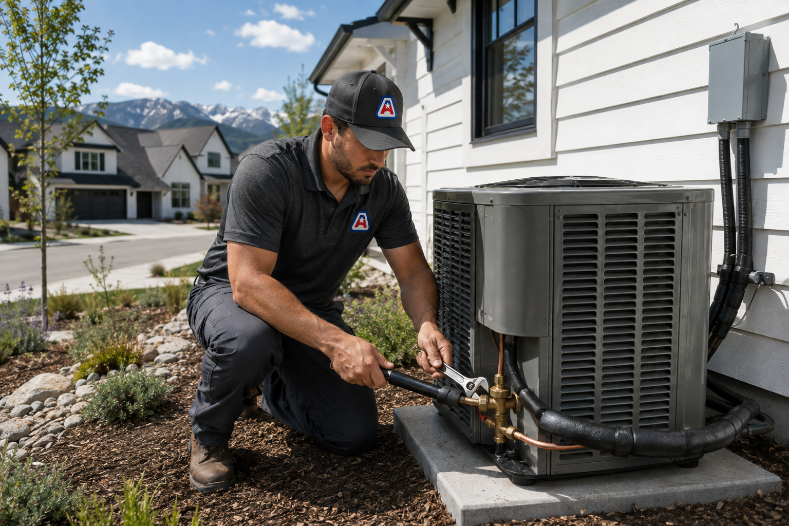 Mini-Split installation example AAH technician connecting refrigerant lines during an AC installation at a Colorado home.
