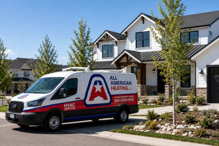 All American Heating truck in Colorado All American Heating HVAC service van parked outside a Colorado home for residential AC service.