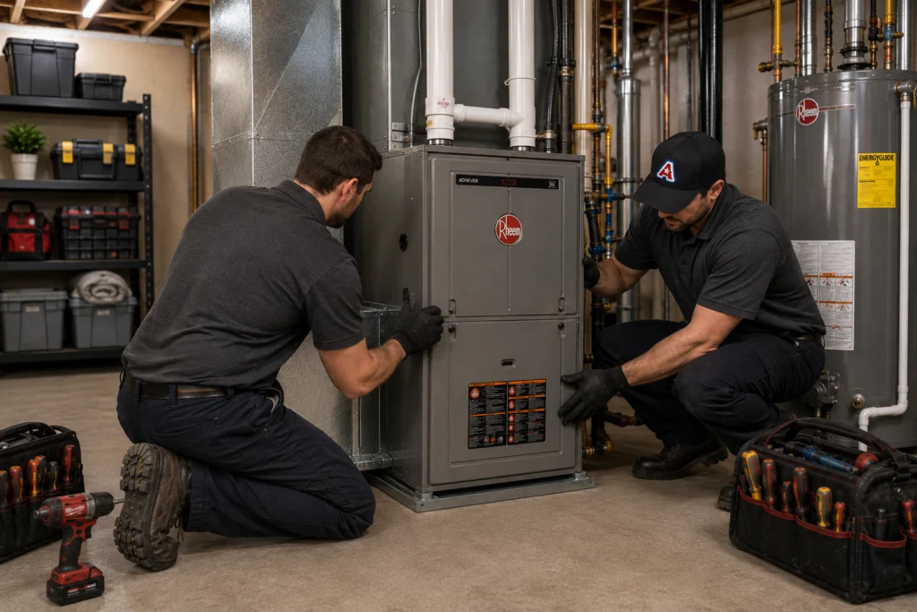 All American Heating technicians installing a new Rheem furnace in a Fairplay home