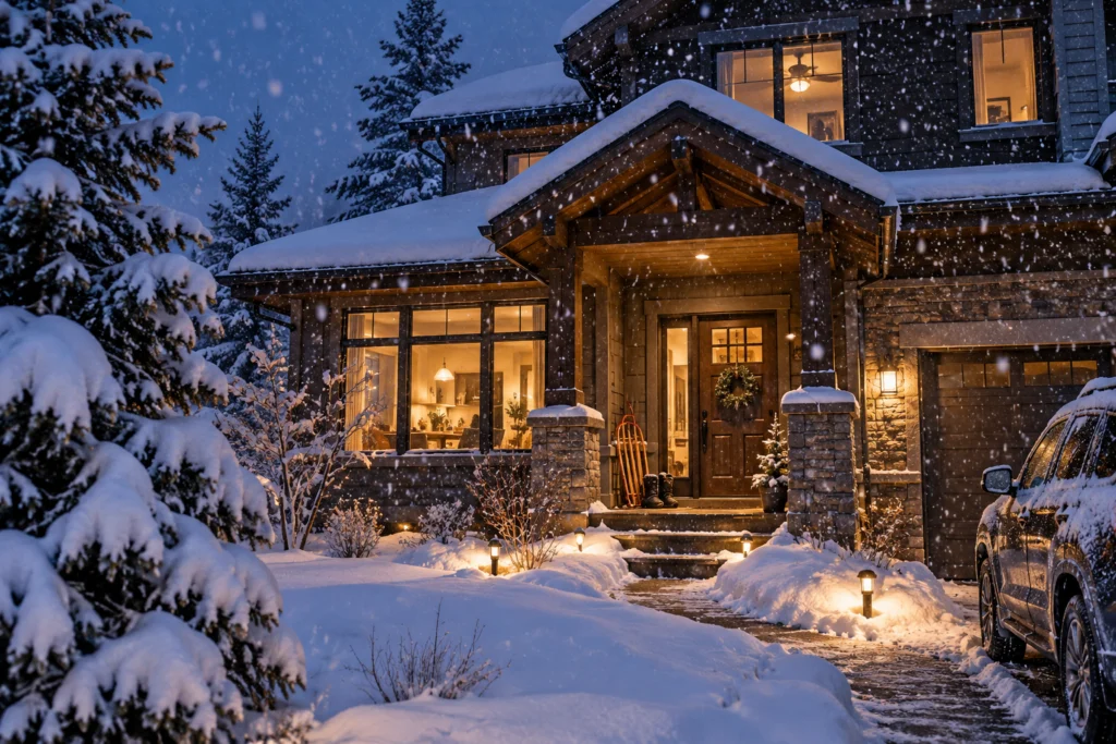 Warm Colorado mountain home during a winter snowfall